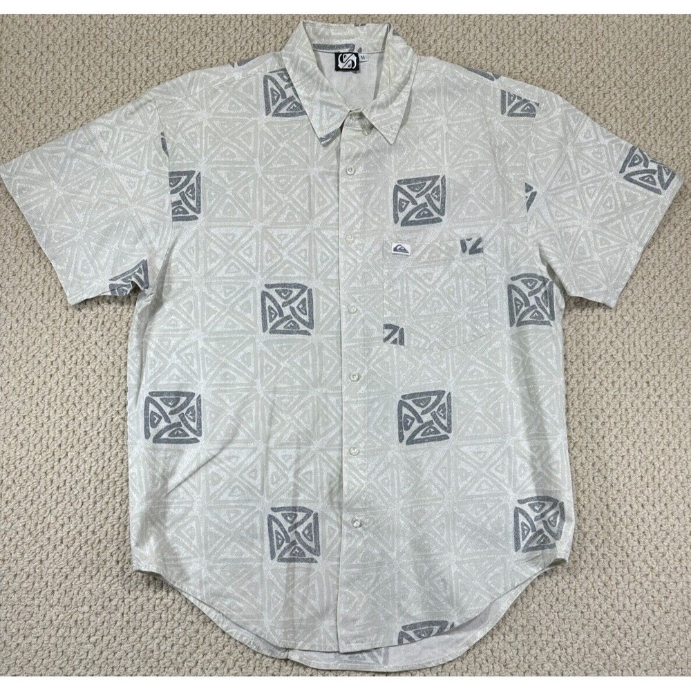 Vtg Quicksilver Hawaiian Shirt Mens M Khaki Beige Aloha Camp Button Up USA 90s
